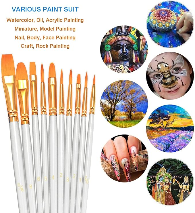 BOSOBO Paint Brushes Set, 4 Pack 40 Pcs Round Pointed Tip Paintbrushes Nylon Hair Artist Acrylic Paint Brushes for Acrylic Oil Watercolor, Face Nail Art, Miniature Detailing & Rock Painting, White