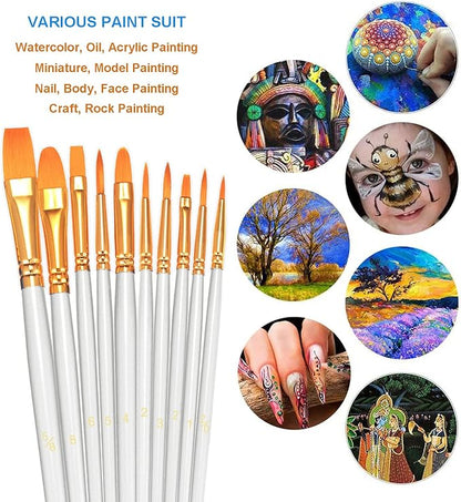 BOSOBO Paint Brushes Set, 10 Pack 100 Pcs Round Pointed Tip Paintbrushes Nylon Hair Artist Acrylic Paint Brushes for Acrylic Oil Watercolor, Face Nail Art, Miniature Detailing & Rock Painting, White