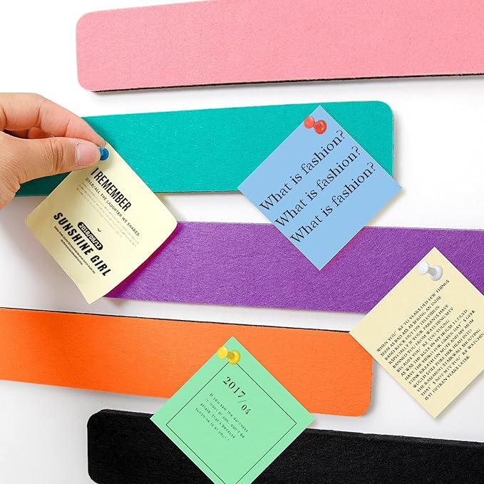 5 Pack Felt Pin Board Bar Strips Bulletin Board for Bedrooms Offices Home Wall Decoration, Notice Board Self Adhesive Cork Board with 35 Push Pins for Paste Notes, Photos, Schedules (Multi-Color)