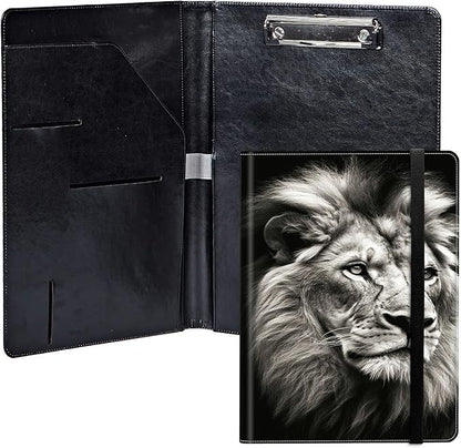 Lion PU Leather Padfolio Clipboard Notepad with Pen Loop and Elastic Strap Interview/Resume Document Organizer for Business School Office
