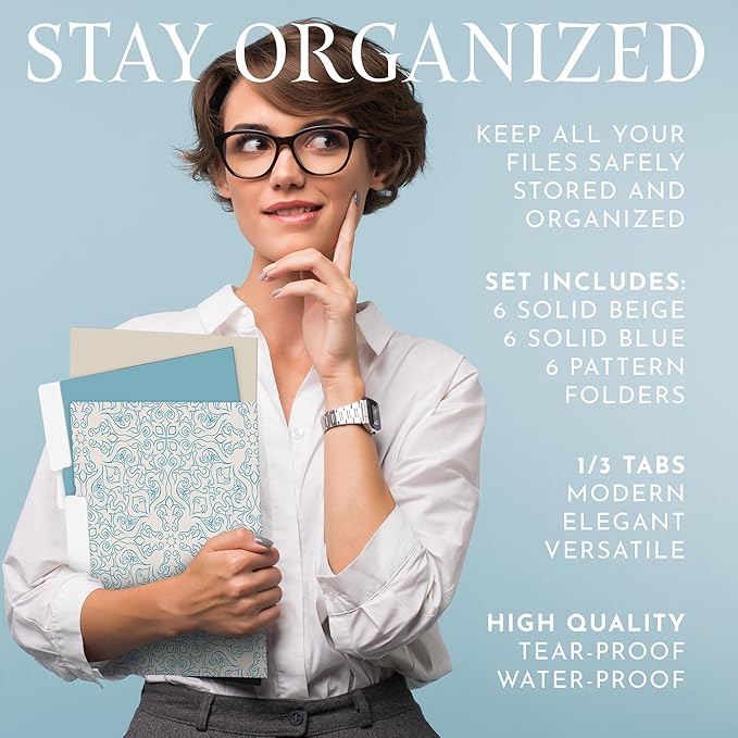 18 PCS Decorative File Folders Set, Stylish Design, Heavy Duty Letter Size Folders for Organizing Papers by Date or Day, Colorful Patterned File Folders for Home or Office Use