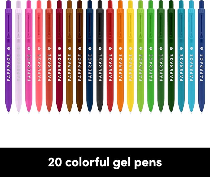 PAPERAGE Gel Pens With Retractable Medium Point (0.7mm), 20 Pack Colored Gel Pens, Assorted Colors, Smooth Writing Pens For Journals, Notebooks, Note Pads, Drawing, Office & School Supplies