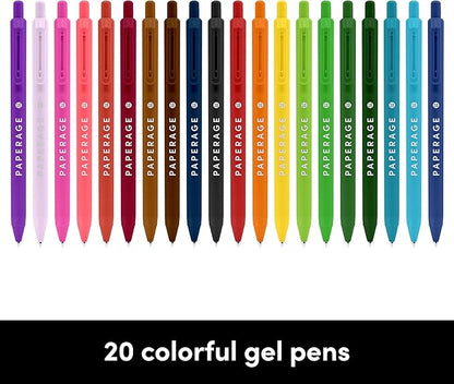 PAPERAGE Gel Pens With Retractable Medium Point (0.7mm), 20 Pack Colored Gel Pens, Assorted Colors, Smooth Writing Pens For Journals, Notebooks, Note Pads, Drawing, Office & School Supplies