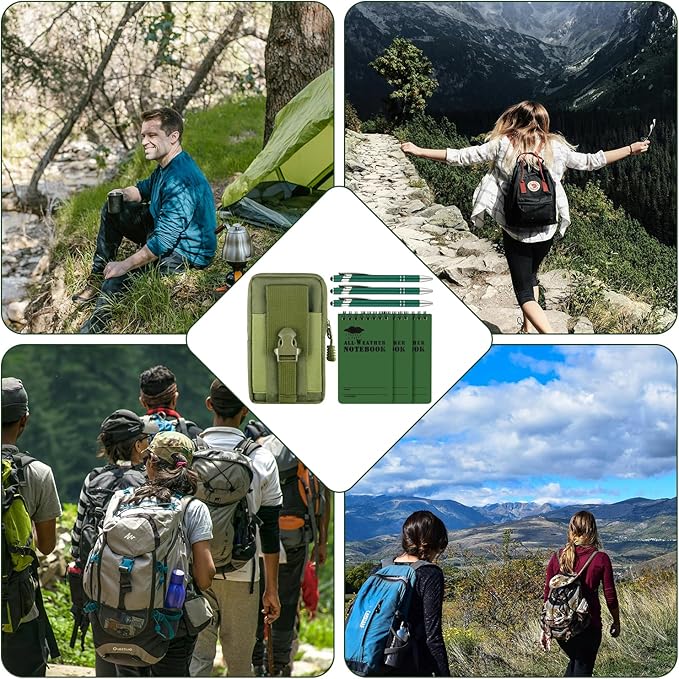 7 Piece Waterproof Notebook, 3 X 5 Inch Waterproof Notepad with Waterproof Weatherproof Pen and Waterproof Multi Functional Waist Pack for Outdoor Activities Recording (Army Green)