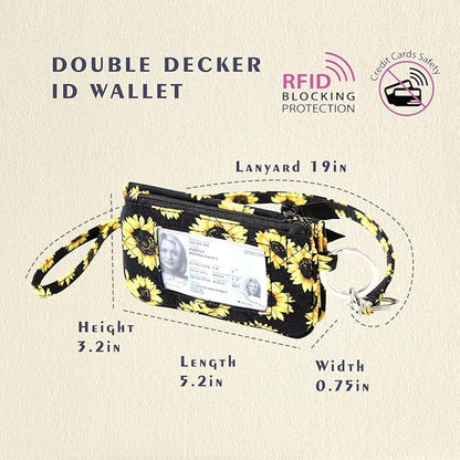 WONDERFUL FLOWER Card Holder, RFID Blocking, ID Holder with Lanyard for Women, Dual Pockets, Badge Holder, Lanyard Wallet, Fabric Keychain ID Pouch, Sunflowers
