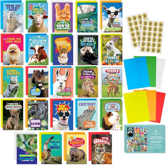 T MARIE 48 Funny Thank You Cards with Colorful Envelopes and Gold Stickers - Bulk 4x6” Boxed Set for Employee Appreciation Cards, Kids, Friends, Staff and Customers - Cute Animal Designs
