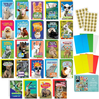 T MARIE 48 Funny Thank You Cards with Colorful Envelopes and Gold Stickers - Bulk 4x6” Boxed Set for Employee Appreciation Cards, Kids, Friends, Staff and Customers - Cute Animal Designs