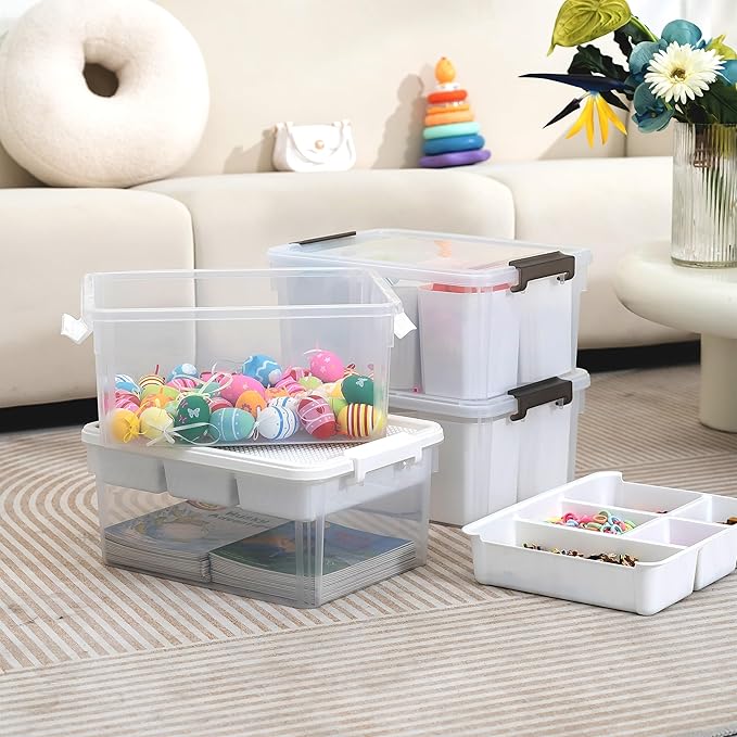 Citylife 17 QT Plastic Storage Bins Clear Storage Box with Lids Multipurpose Stackable Storage Containers for Organizing Tool, Craft, Crayon, 4 Packs