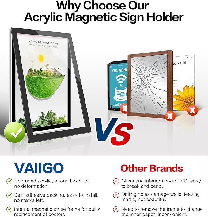 5Pack 11" x 17" Acrylic Sign Holder Wall Mount, Self Adhesive Magnetic Display Frame with Nano Tape and Strong Magnetic Border for Wall, Door, Glass, Home, Store, Office, Black