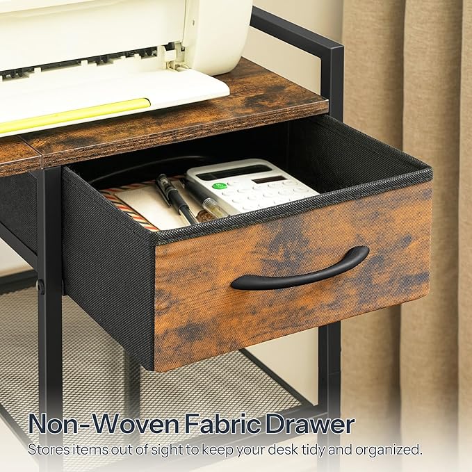 HOOBRO Printer Stand with Charging Station, Printer Shredder Stand with Fabric Drawer, Table for Fax Machine, Printer Storage Office Organizer, for Home Office, Rustic Brown and Black BF72UPS01