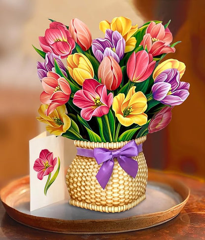 Freshcut Paper Pop Up Cards, Festive Tulips, 12 Inch Life Sized Forever Flower Bouquet 3D Popup Greeting Card, Birthday Cards, Thank You Card, Blank Notecard & Envelope