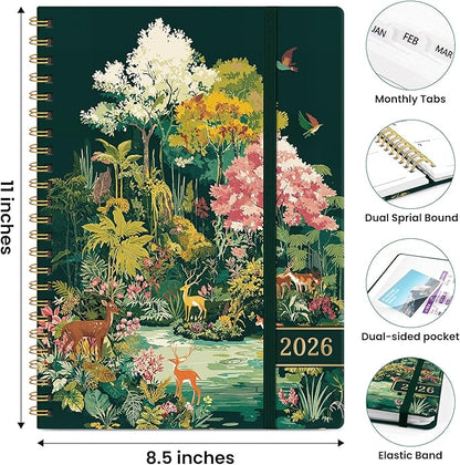 2026 Planner, Weekly and Monthly Planner for Women, January 2026 to December 2026, Pretty Hardcover 2026 Calendar Planner Book with Tabs, Inner Pocket, Spiral Bound, Perfect Office Home School Supplies - 8.5" x 11", Enchanted Forest