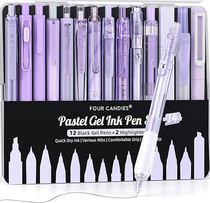 Four Candies 14Pack Pastel Gel Ink Pen Set,Cute Retractable 0.5mm Fine Point Pen,Note Taking Aesthetic Pens,12 Pack Black Ink Pens with 2Pcs Highlighter, Smooth Writing Pens for School, Office(Purple)