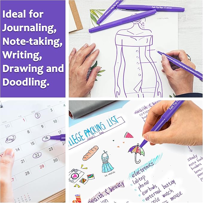 Lelix Felt Tip Pens, 30 Purple Pens, 0.7mm Medium Point Felt Pens, Felt Tip Markers Pens for Journaling, Writing, Note Taking, Planner, Perfect for Art Office and School Supplies