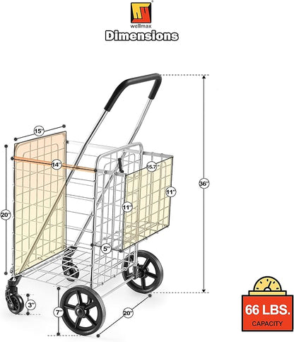 Wellmax Metal Grocery Shopping Cart with Wheels for Groceries, Folding Cart for Convenient Storage and Holds Up to 66lbs, Dual Swivel Wheels and Extra Basket, Silver