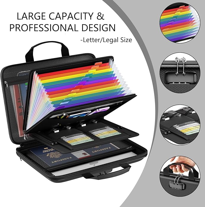 Accordion File Organizer,Fireproof Document Box with Lock,Large 13 Pocket Expanding File Folder,Hard-Shell Portable Safe Storage for Letter/Legal Document,Laptop,Valuables-Black