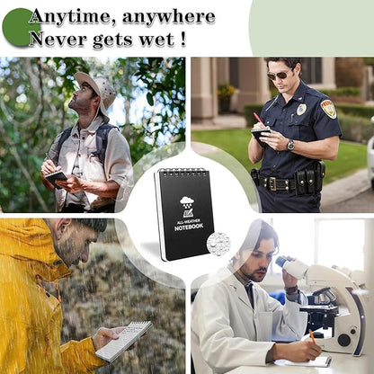 Waterproof Notebook, 4 Pack Top-Spiral Pocket Notepad, 3" x 5" Weatherproof NotePad, All Weather Police Pocket Notebook Little Memo Steno Note Pads for Outdoor Office School Recording, Black