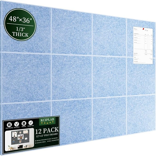 Large Cork Bulletin Board for Wall 48"x36", 12 Pack Felt Wall Tiles with 80 Pushpins, 60 Safe Removable Adhesive Tabs, Decorative Pin Board Tack Board for Office Home School, Light Blue