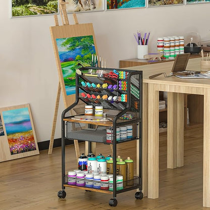 Small Rolling Utility Cart with Drawer, Metal Craft Storage Cart with Lockable Wheels, Versatile Art Cart with 6 Tiers & Removable Dividers for Drawing Room, Store Paints & Artifacts (Patent Pending)