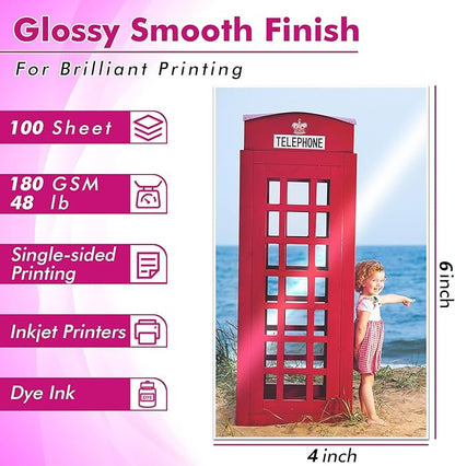 Koala Glossy Inkjet Photo Paper 4X6 Inches 48lb 100 Sheets Professional Glossy Photographic Paper Compatible with Inkjet Printer Use DYE INK 180GSM