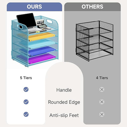 5 Tier Paper Organizer with Handle, Metal Mesh Desk Organizer File Folder Organizer Paper Letter Tray Desktop Document Sorter for Classroom, School, Office Organization and Storage - Blue
