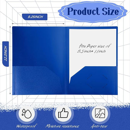 Patelai 50 Pack Pocket Folders Bulk 2 Pocket Heavy Duty Plastic Folders with Pockets Letter Size Folders Business Card Holder for School Office File (Blue)