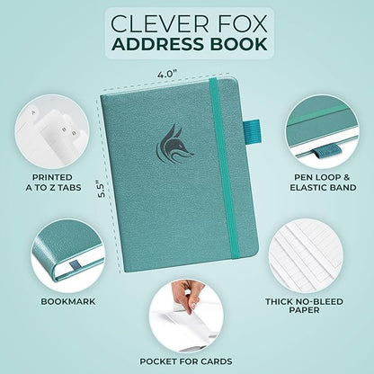 Clever Fox Address Book with alphabetic tabs - PU Leather Telephone and Address Book for Keeping Contacts Safe, Contact Organizer Journal, Small Size (4.0″ x 5.5″), Hardcover, Aquamarine