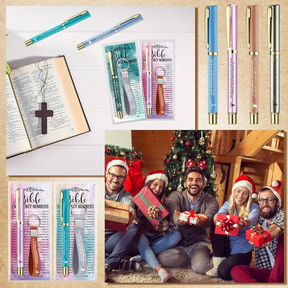 25 Sets Christmas Christian Church Gifts Bulk Bible Verse Plastic Gel Pen Religious Silicone Keychains Scripture Bookmark 2''x 6'' Emergency Numbers Bible Bookmarks Gift Pastor(Colorful)