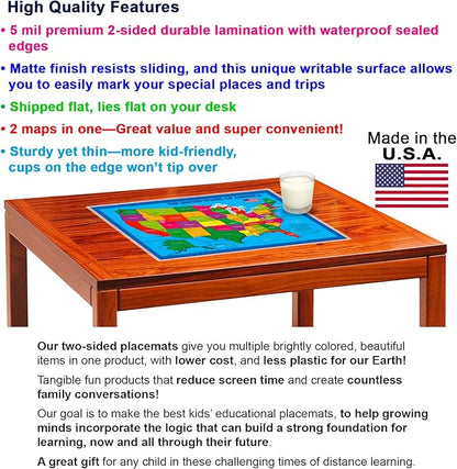 2-Sided Desk Map with Durable Lamination (2 Children's Desk Maps: One US/US Centered World Map; One US/Europe Centered World Map)