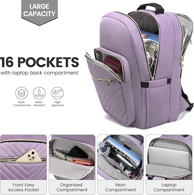 LOVEVOOK Laptop Backpack for Women 17.3 inch,Cute Womens Travel Backpack Purse,Professional Laptop Computer Bag,Waterproof Work Business College Teacher Bag Carry on Backpack with USB Port,Taro Purple