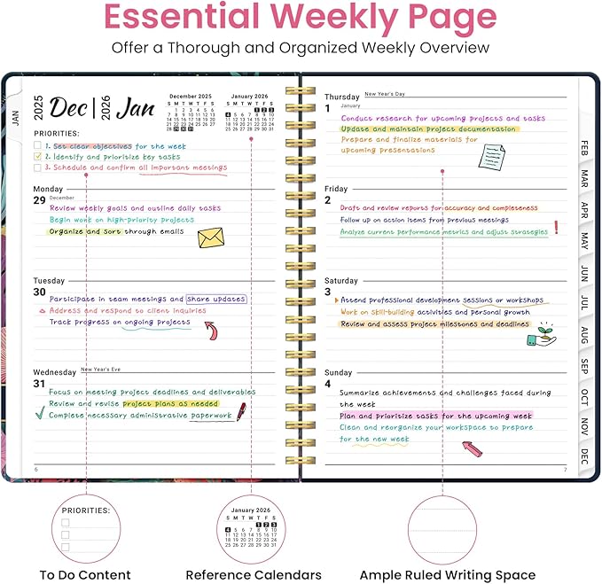 2026 Planner, Weekly and Monthly Planner for Women, January 2026 to December 2026, Pretty Hardcover 2026 Calendar Planner Book with Tabs, Inner Pocket, Spiral Bound, Perfect Office Home School Supplies - 6.3" x 8.5", Jellyfish