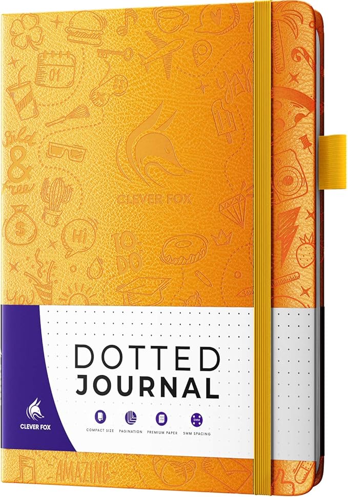 Clever Fox Dotted Journal 2.0 – Compact Planning and Sketching Dot Grid Notebook 120 GSM Thick, No-Bleed Paper – Planner with Pen Loop, Pocket, Ribbons, Stickers A5 - Amber Yellow