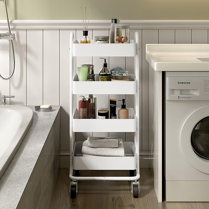 4-Tier White Rolling Cart,Metal Utility Rolling Cart with Handle,Steel Multifunction Rolling Carts with Wheels,Kitchen Storage Carts Suitable for Office,Home,Kitchen,Garden(13.4"x18.1"x40") White