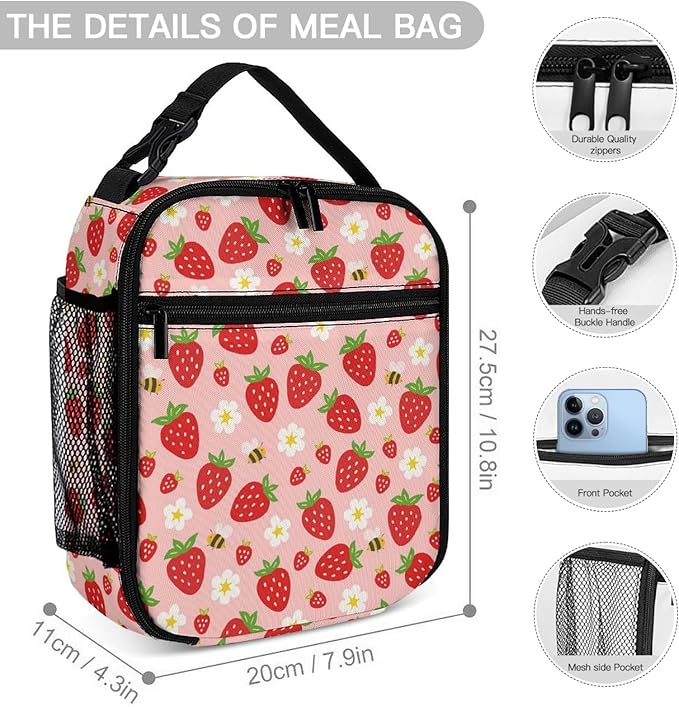 3PCS 17" Strawberry Backpack, Shoulders Backpack with Insulated Lunch Bag Durable Strawberry Laptop Bag Daypack with Multiple Pockets (Strawberry)