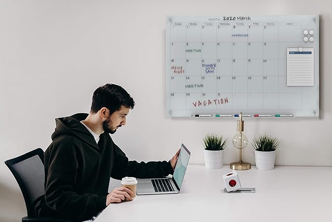 Audio-Visual Direct Magnetic Glass Dry Erase Board Set (3' x 2', Calendar White) for Wall - Monthly Planner