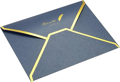 PATIKIL V Flap Envelopes, 10 Pack 7 x 5'' Luxury Style Gold Border Greeting Card Envelope for Invitations Weddings, Blue