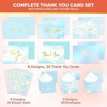 Decorably 24 Pack Gold-Foiled 6x4in Light Blue Thank You Cards with Envelopes and Stickers, 24 Elegant Designs Thank You Blue Cards, Blank Inside - Wedding, Baby Shower