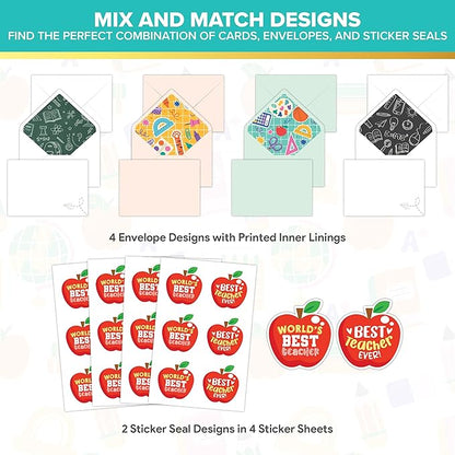 Decorably 24 Pack 4x6in Teacher Appreciation Cards with Envelopes and Stickers, 8 Colorful Designs Teacher Thank You Cards from Students with Printed Message Inside
