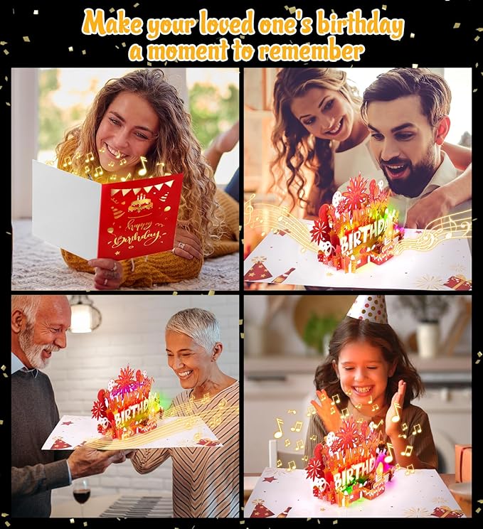 Birthday Card | Musical Pop Up Greeting Card w Light | Blow Out LED Light Candle & Play Happy Birthday Music Pop Up Card | Greeting Cards Gifts for Him or Her | Red Gold (Blowable Candle)