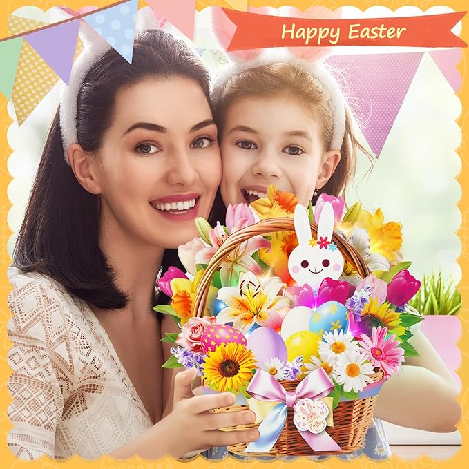 3D Pop Up Easter Flower Basket Card with Music & Lights – Bunny, Eggs, Lily, Tulip, Daisy Bouquet – Envelope Included – Easter Gift & Decoration