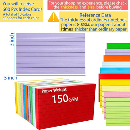 MotBach 600 Pieces Index Cards Flash Cards,3" x 5", 10 Color Assorted Color Memo Note Cards Studying Record To Do List for Home School Office Supplies (Lined Card)