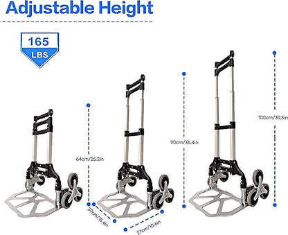 Folding Hand Truck, 165lbs Load Stair Climbing Cart with Silent Wheel, Light Weight Portable Folding Dolly Multi-fuctional Foldable Hand Cart Heavy Duty Utility Cart for Home Office & Travel Use