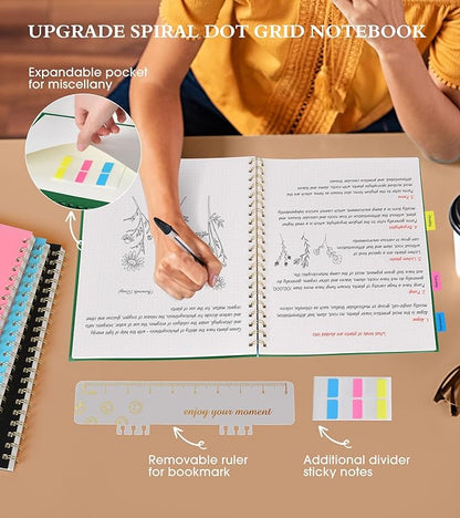 Dotted Notebook, Spiral Notebook Journal 8.5” x 11”, A4 Large Dot Grid Notebooks for Women Men, 100 GSM Dotted Paper, Plastic Hardcover Spiral Bullet Dotted Journals for Work School Sketching, Green