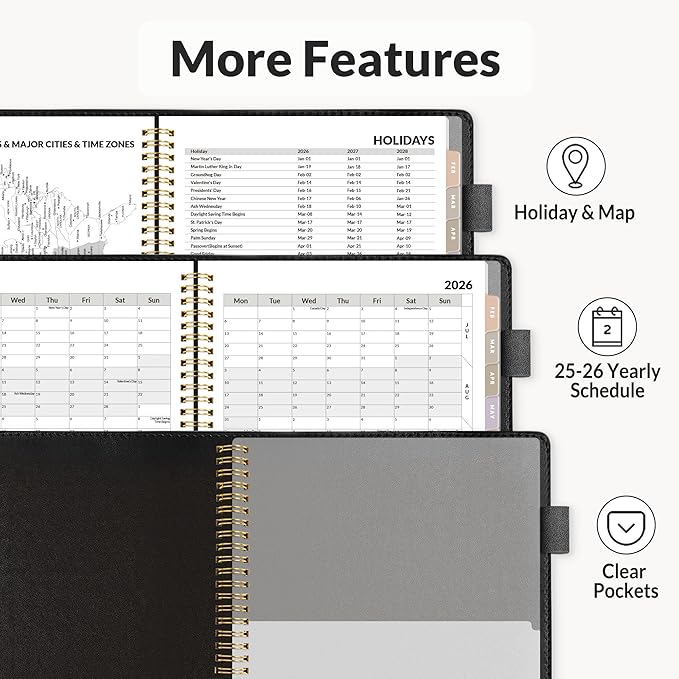 SUNEE 2026 Weekly & Monthly Planner 6.4"x8.5"- 12 Month (January 2026 - December 2026), Vegan Leather Cover, Pocket, Bookmark, Notes, Monthly Tab, Black