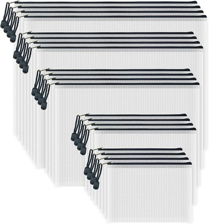 AUSTARK 20 Pcs Zipper File Bags, Plastic Mesh Pouch, Board Game Storage Bag, Waterproof Bags for Office School (Multi-Size, White and Black)