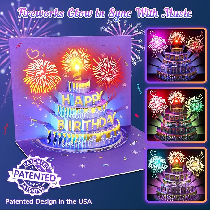 Birthday Cards Birthday Gifts for Women Fireworks Pop Up Cake Light and Music Happy Birthday Card Purple Gold