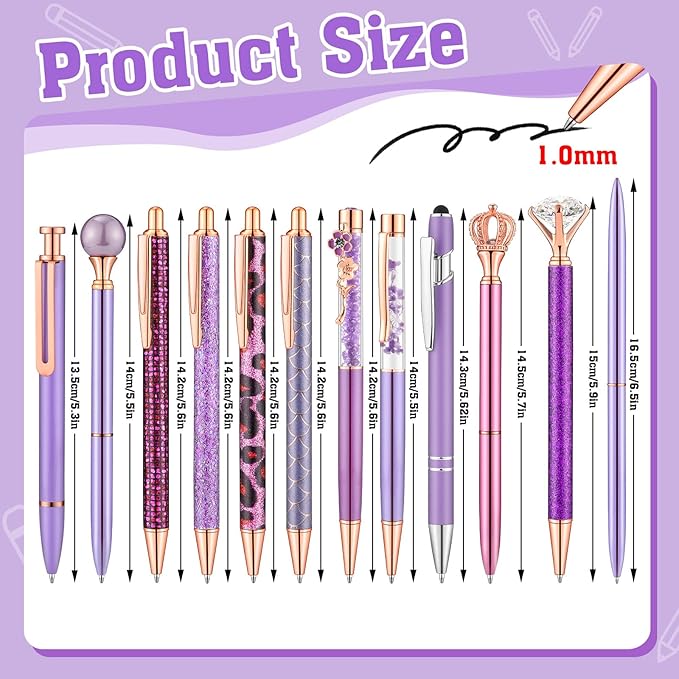 BESARME 12 Pcs Purple Pens Set, Purple Gifts for Women Mother's Day Gifts Crystal Diamond Ballpoint Pens Retractable Glitter Fancy Pens for Journaling Offices Schools