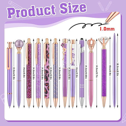 BESARME 12 Pcs Purple Pens Set, Purple Gifts for Women Mother's Day Gifts Crystal Diamond Ballpoint Pens Retractable Glitter Fancy Pens for Journaling Offices Schools