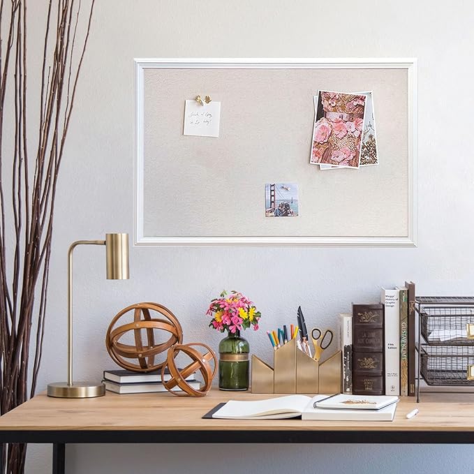 U Brands Farmhouse Linen Bulletin Board, 30"x20", White Wood Style Frame, Includes Push Pins