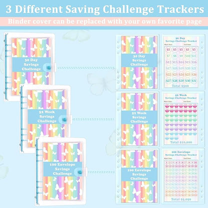 HAUTOCO 100 Envelopes Money Saving Challenge A5 Binder, Savings Challenges Book to Save $5,050, $500, $10,000, Budget Binder with Cash Envelopes, PVC Money Saving Binder with Challenge Trackers, Blue
